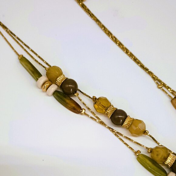 NY & Co Multi Strand Beaded Necklace 24" Layered Gold Green & Brown Tones - Picture 8 of 9